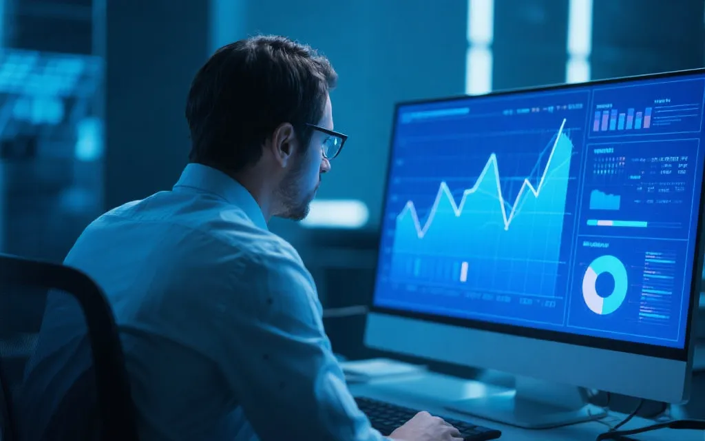 数据分析师聚焦于数字与图表的屏幕,明亮科技感